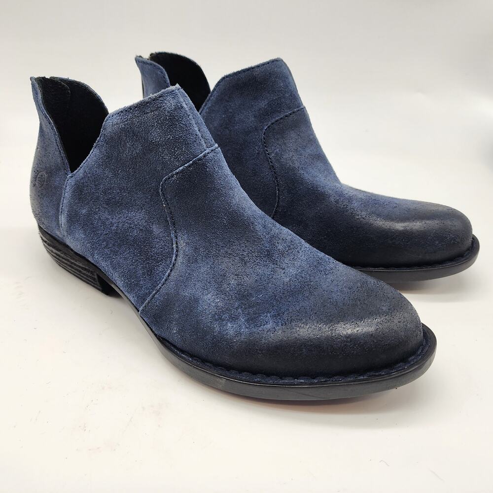 Born Kerri Booties Women's 7M‎ Blue Leather Zip Ankle Boots Casual Heeled V-Cut